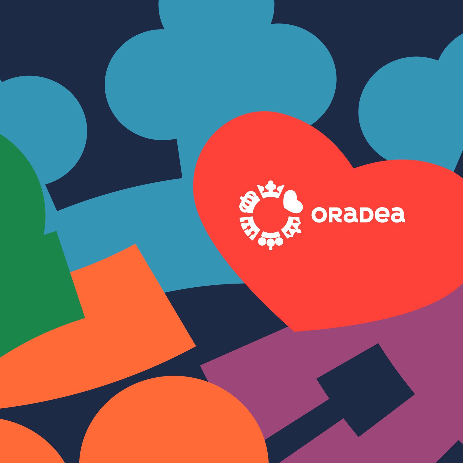 Oradea heart emblem with crown icon over colorful folk-motif shapes key visual — by Brandient