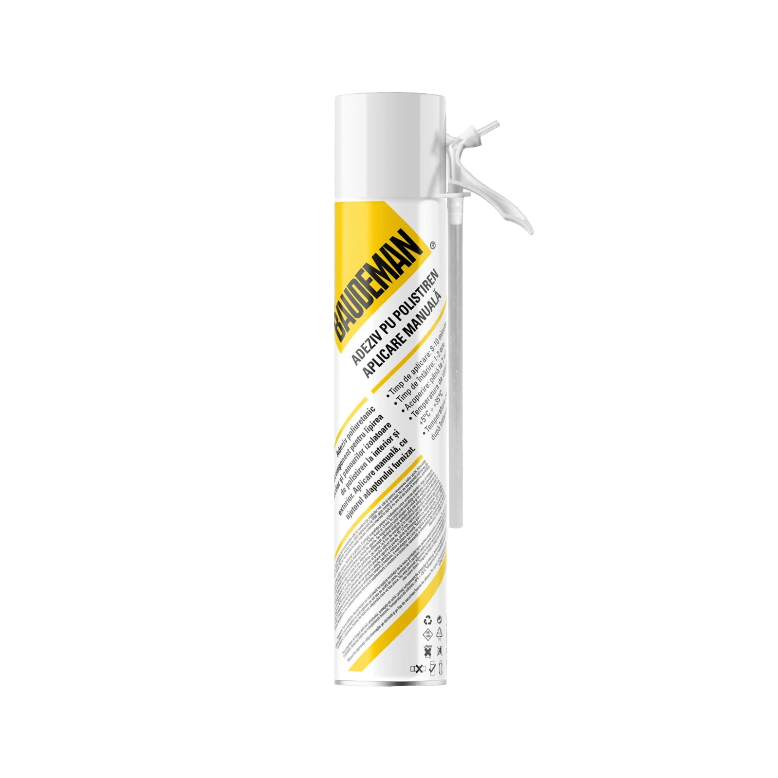 Baudeman PU polystyrene adhesive foam can, manual applicator — packaging by Brandient