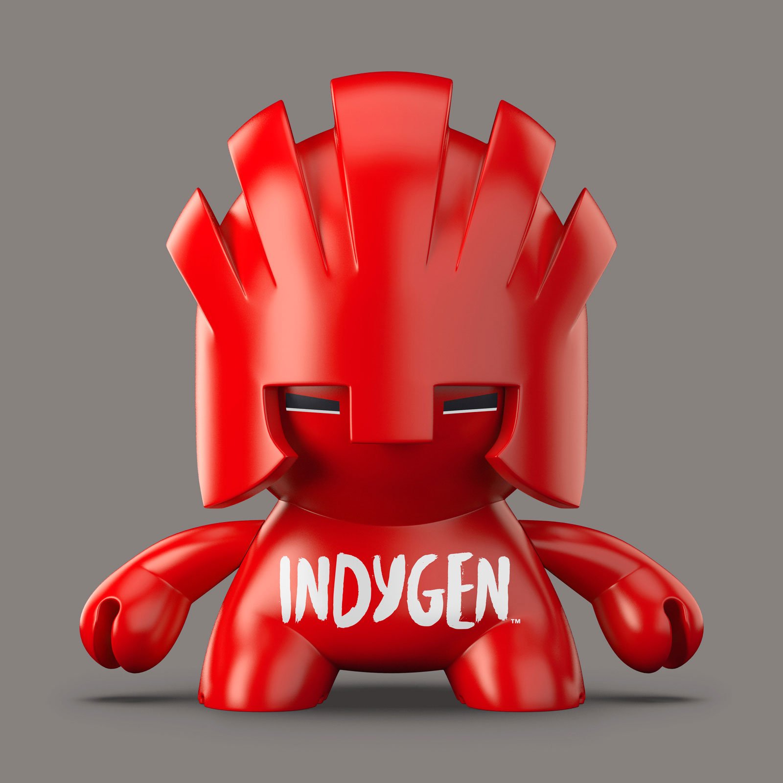 Indygen red mohawk mascot figurine front view with chest wordmark — brand character by Brandient