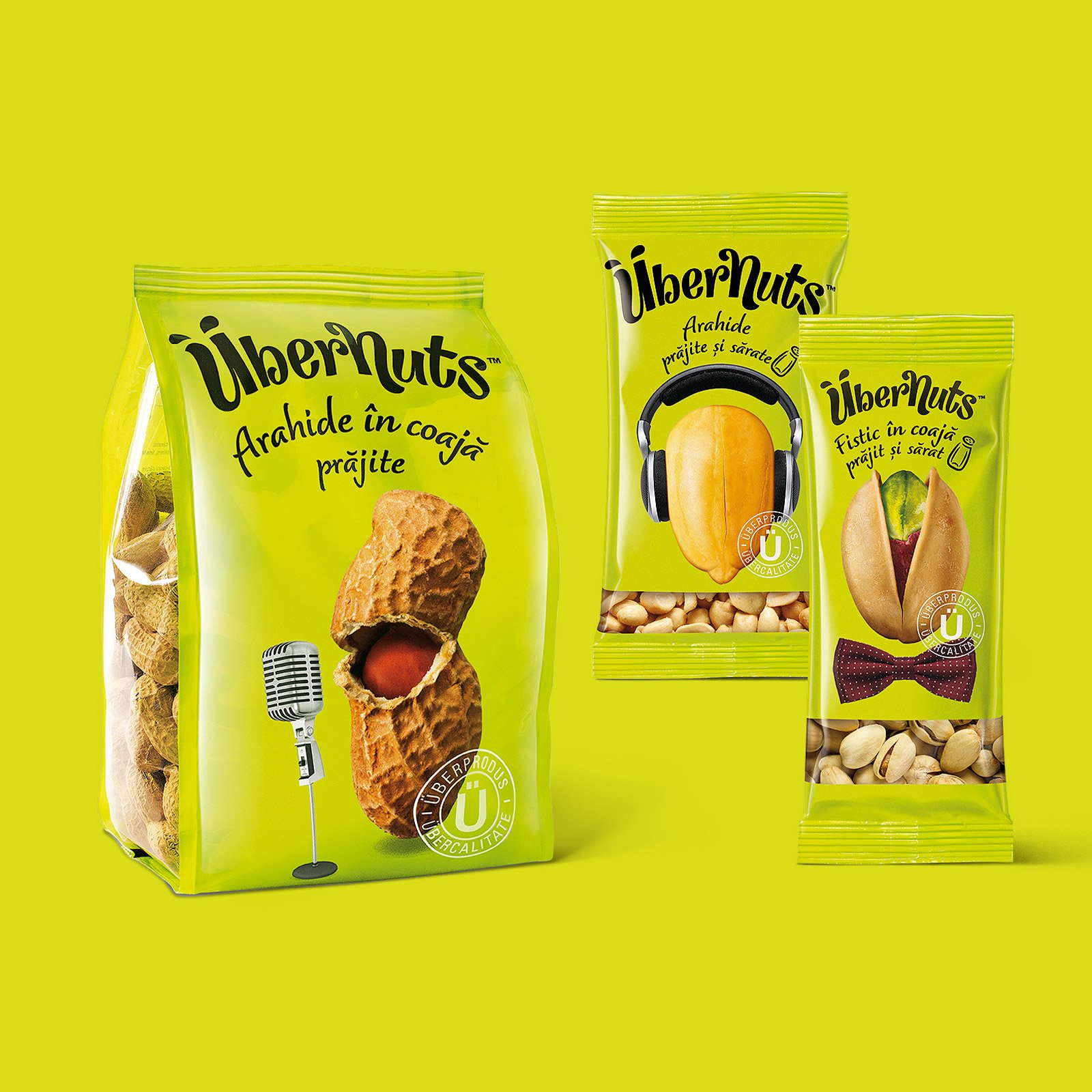 UberNuts snack packs with peanuts, headphones and microphone artwork — packaging by Brandient
