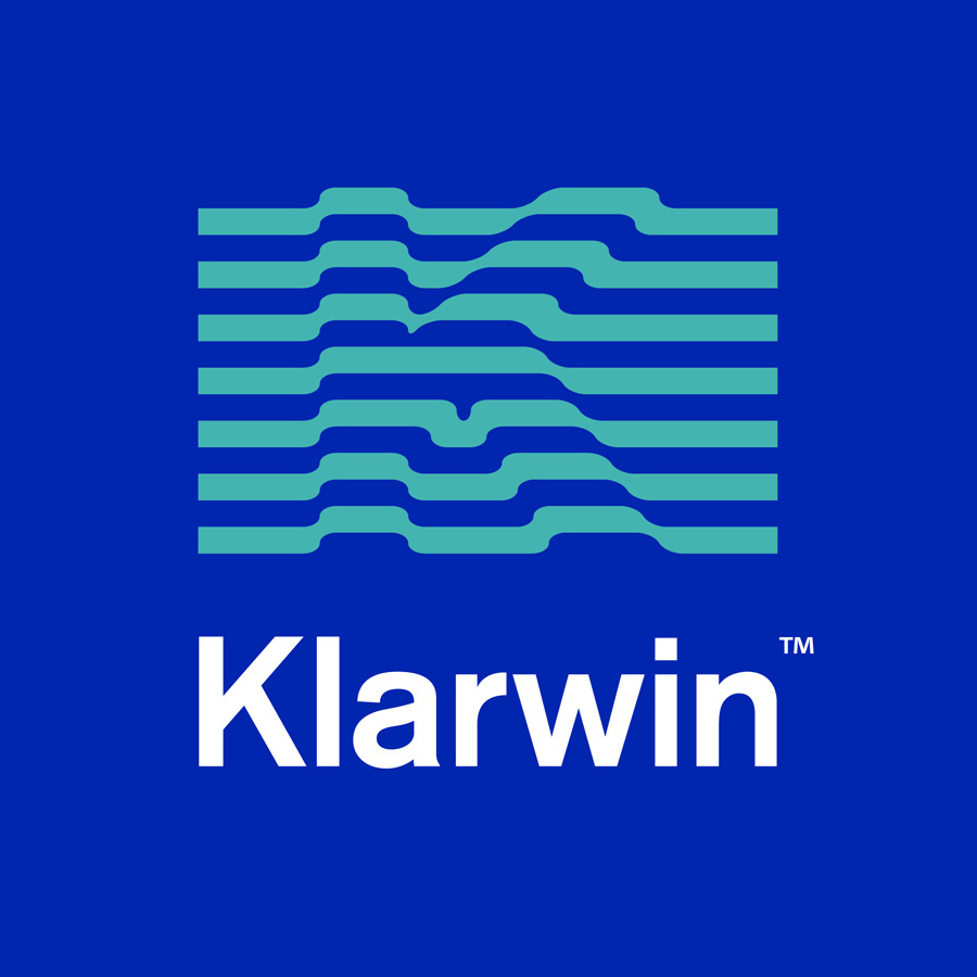 Klarwin logo — rebranding, teal layered wave symbol above wordmark on blue, by Brandient