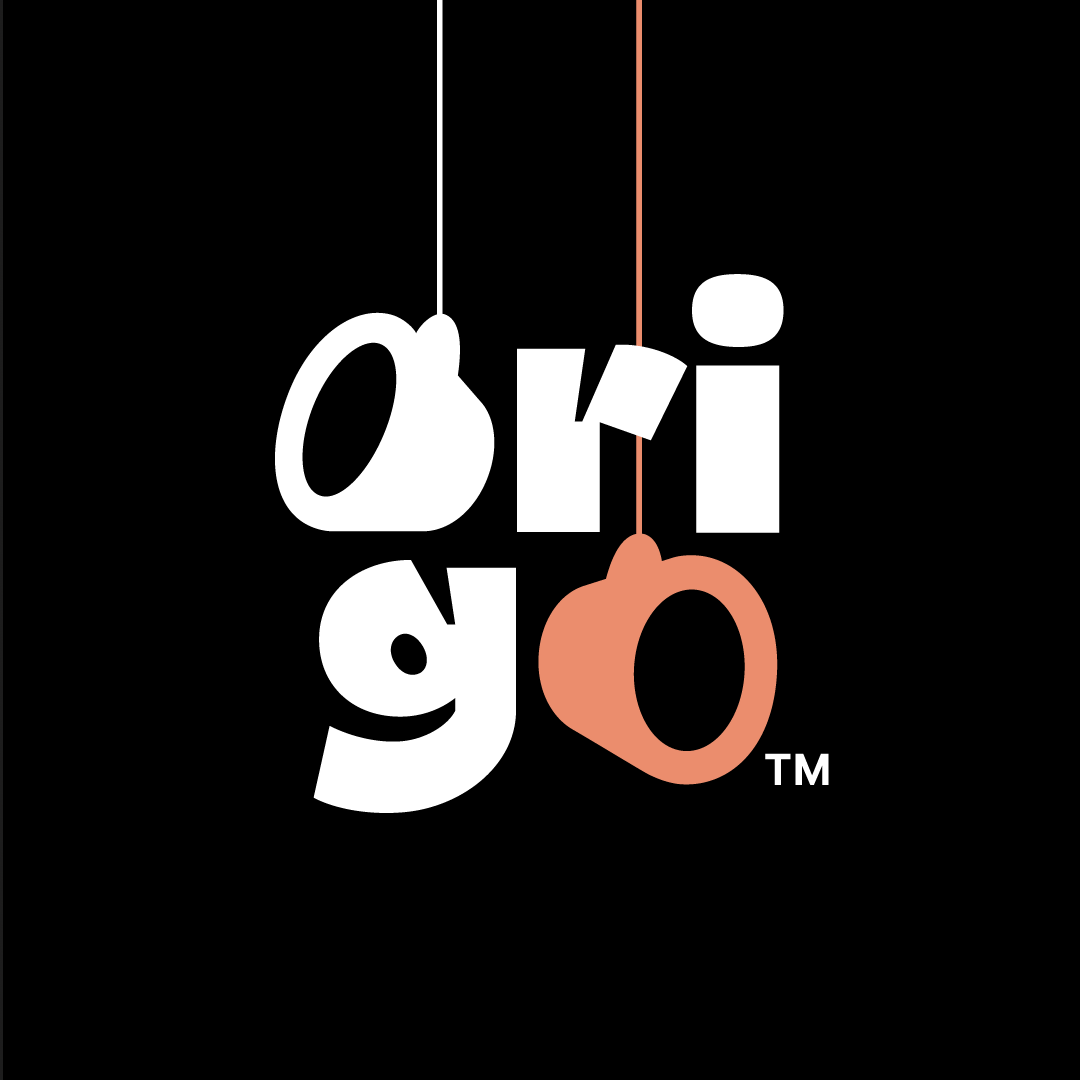 Origo logo — white and orange wordmark with letters hanging on strings, rebranding by Brandient