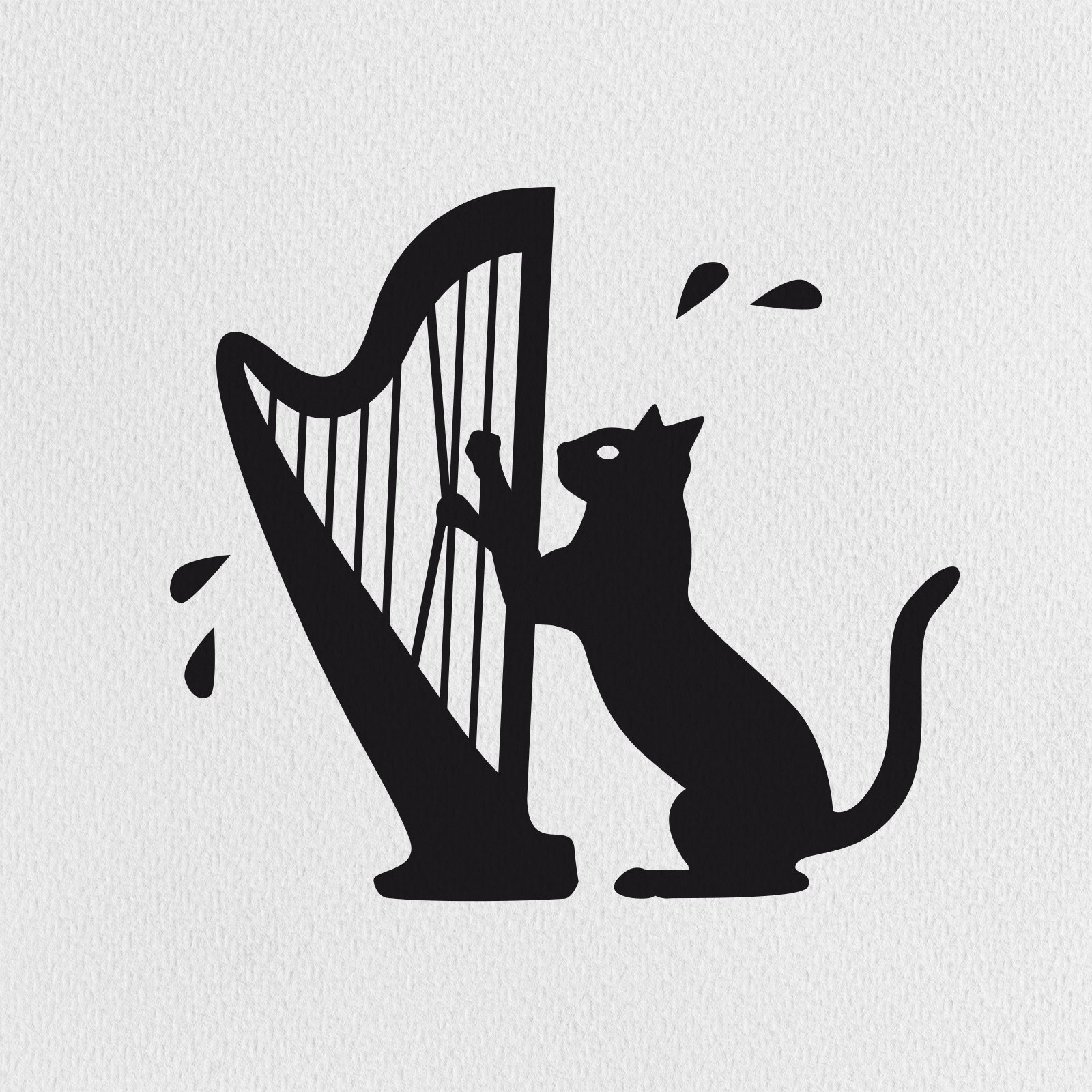 Senia Music logo — black cat playing a harp icon on textured paper by Brandient