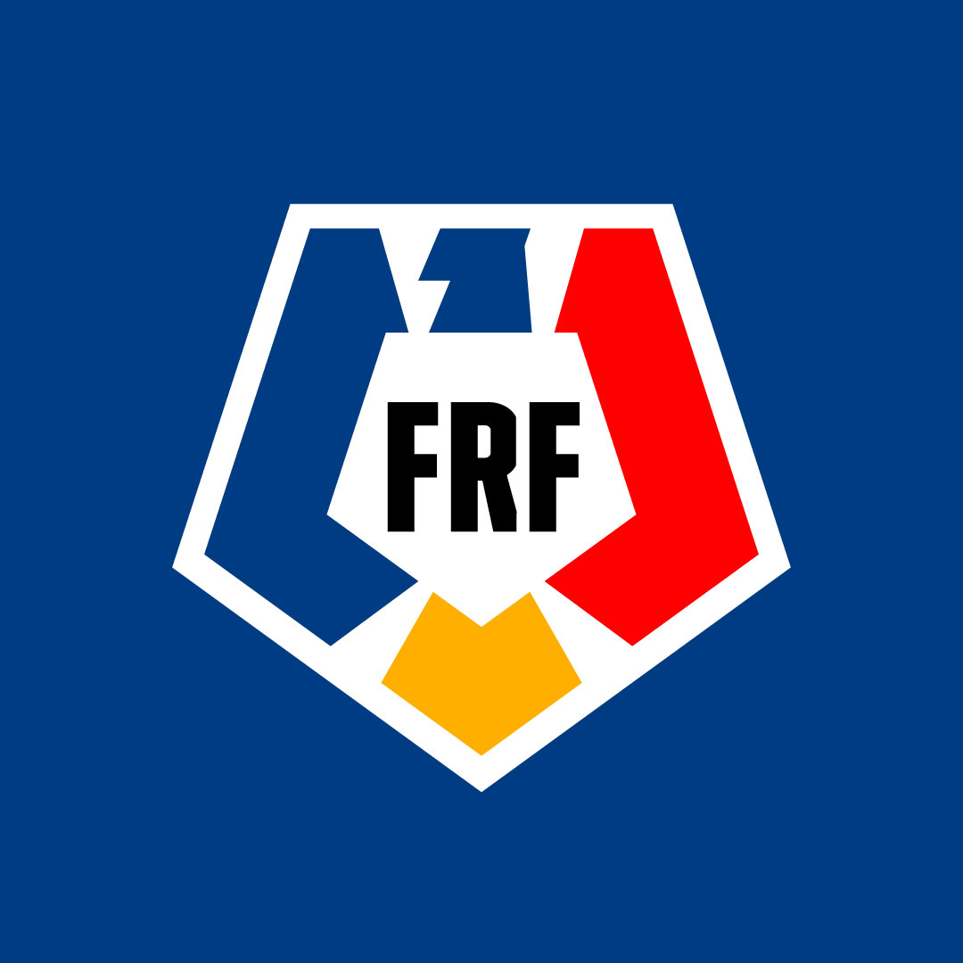 FRF logo — pentagon crest with red, blue, yellow shields, rebranding for Federatia Romana de Fotbal by Brandient