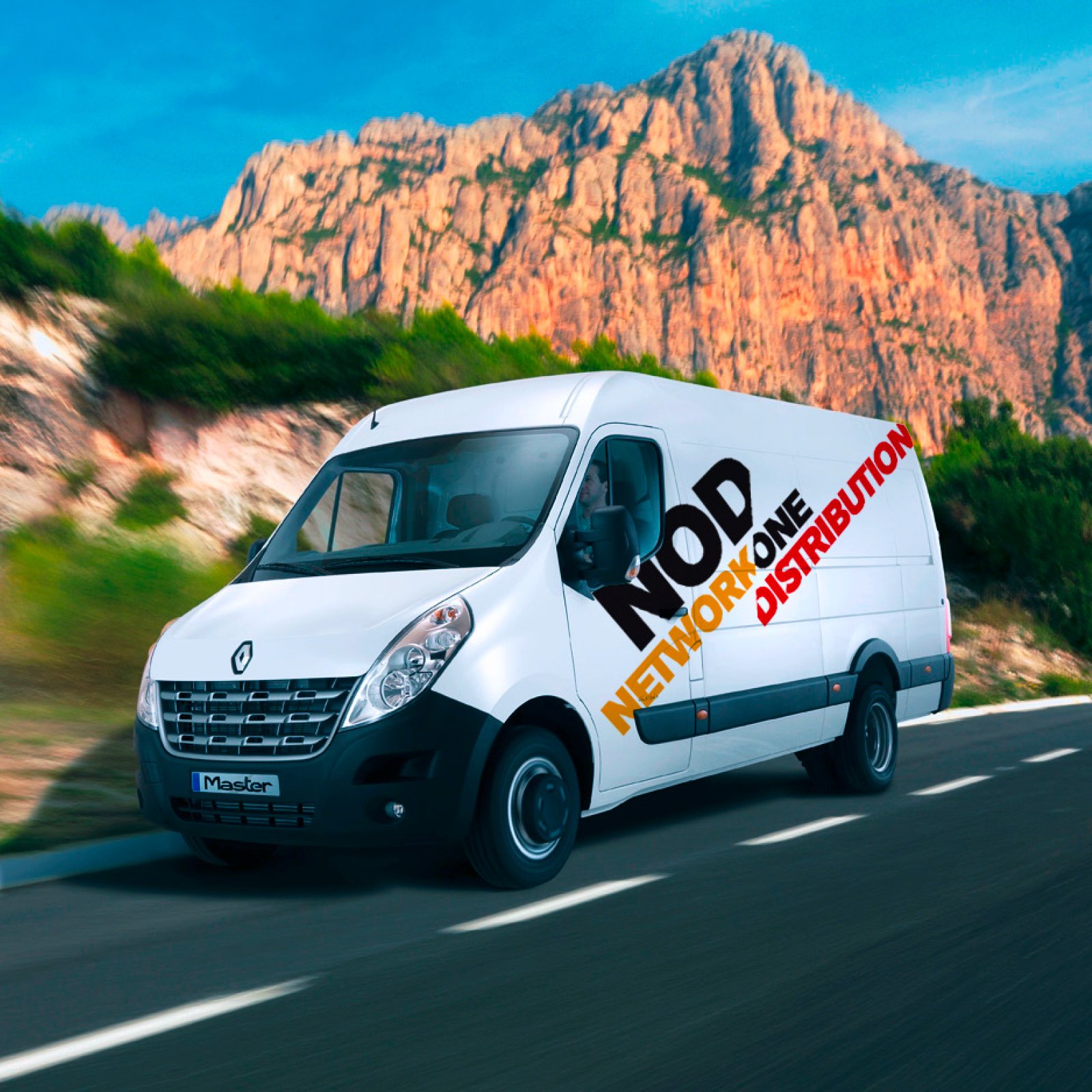NOD Network One Distribution branded white delivery van on mountain road — livery by Brandient