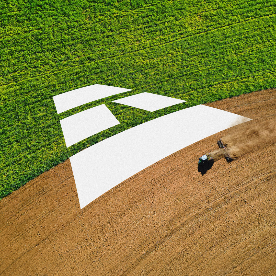 Agricover brand identity — aerial farm field with logo symbol, rebranding by Brandient
