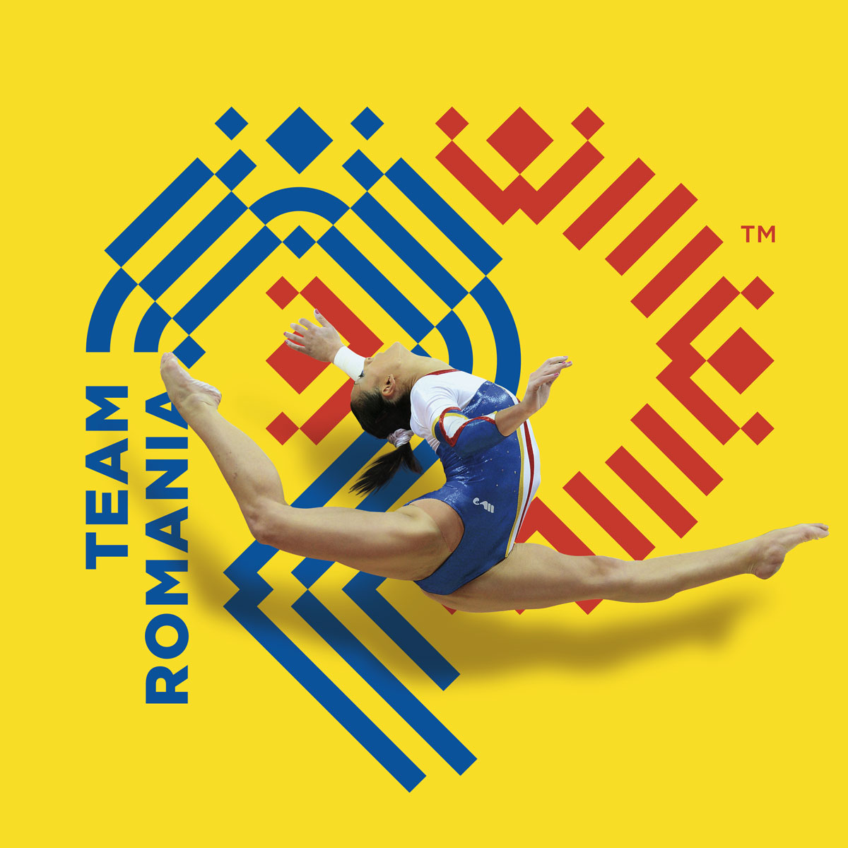 Team Romania key visual — gymnast over blue and red folk-motif emblem by Brandient