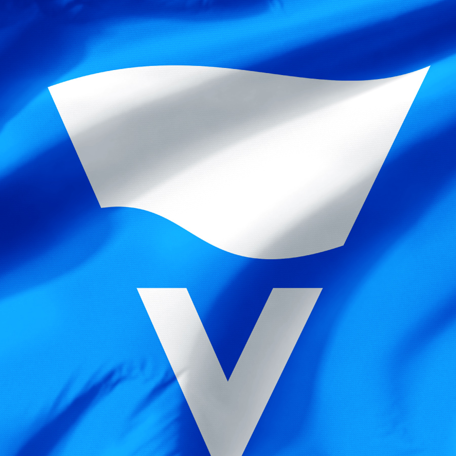 Victoriabank white V flag symbol on blue fabric — rebranding by Brandient