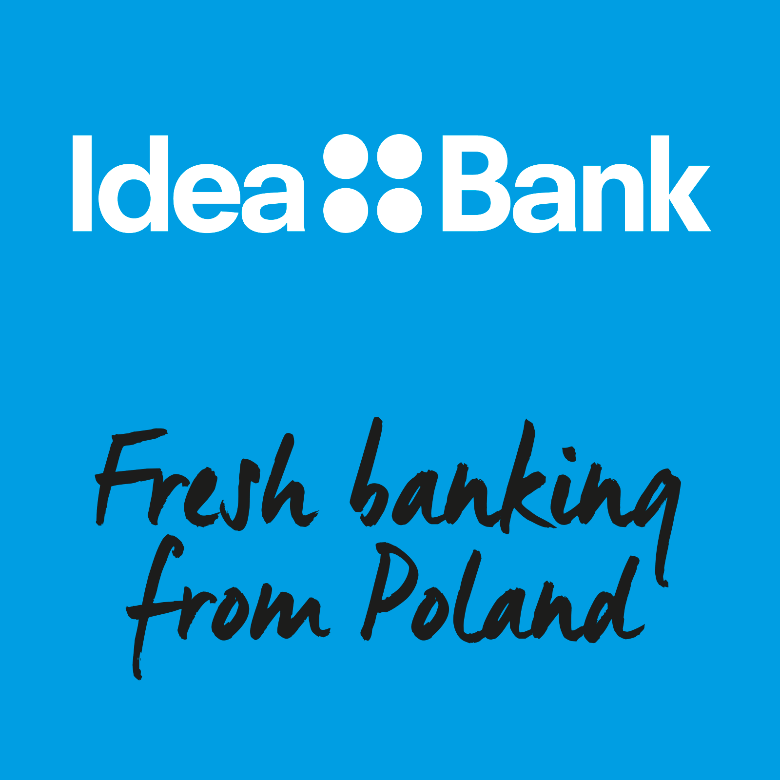 Idea Bank logo in white with handwritten tagline Fresh banking from Poland on blue — brand localization for Getin Holding by