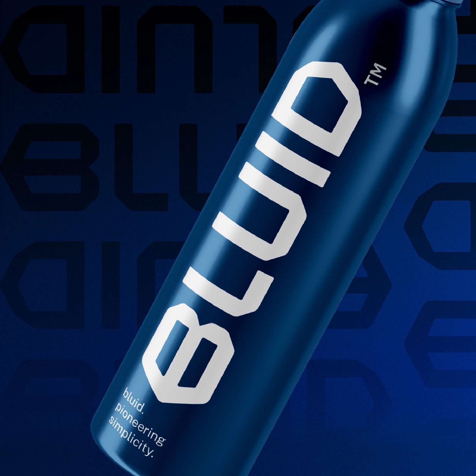 Bluid dark blue bottle close-up with white logo and tagline — packaging by Brandient