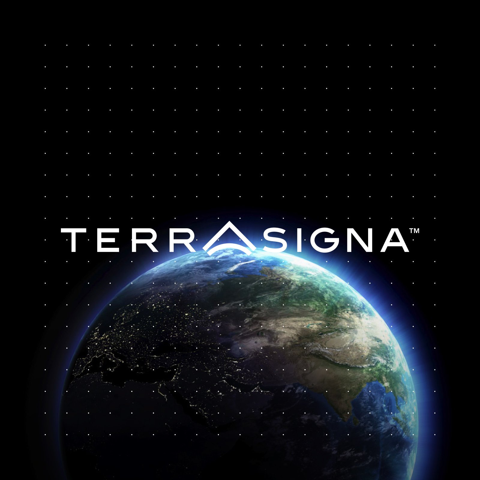Terrasigna logo — white wordmark with arc mark over Earth from space by Brandient