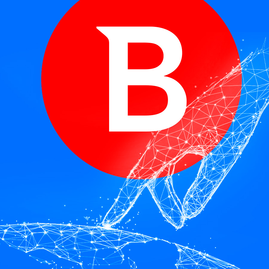 Bitdefender brand identity — red and white B logo over wireframe hand, rebranding by Brandient