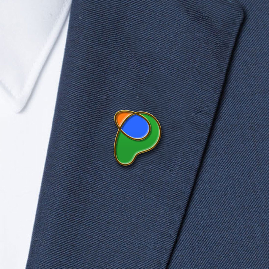 Promateris merchandise — green, blue and orange enamel P-symbol lapel pin, rebranding by Brandient