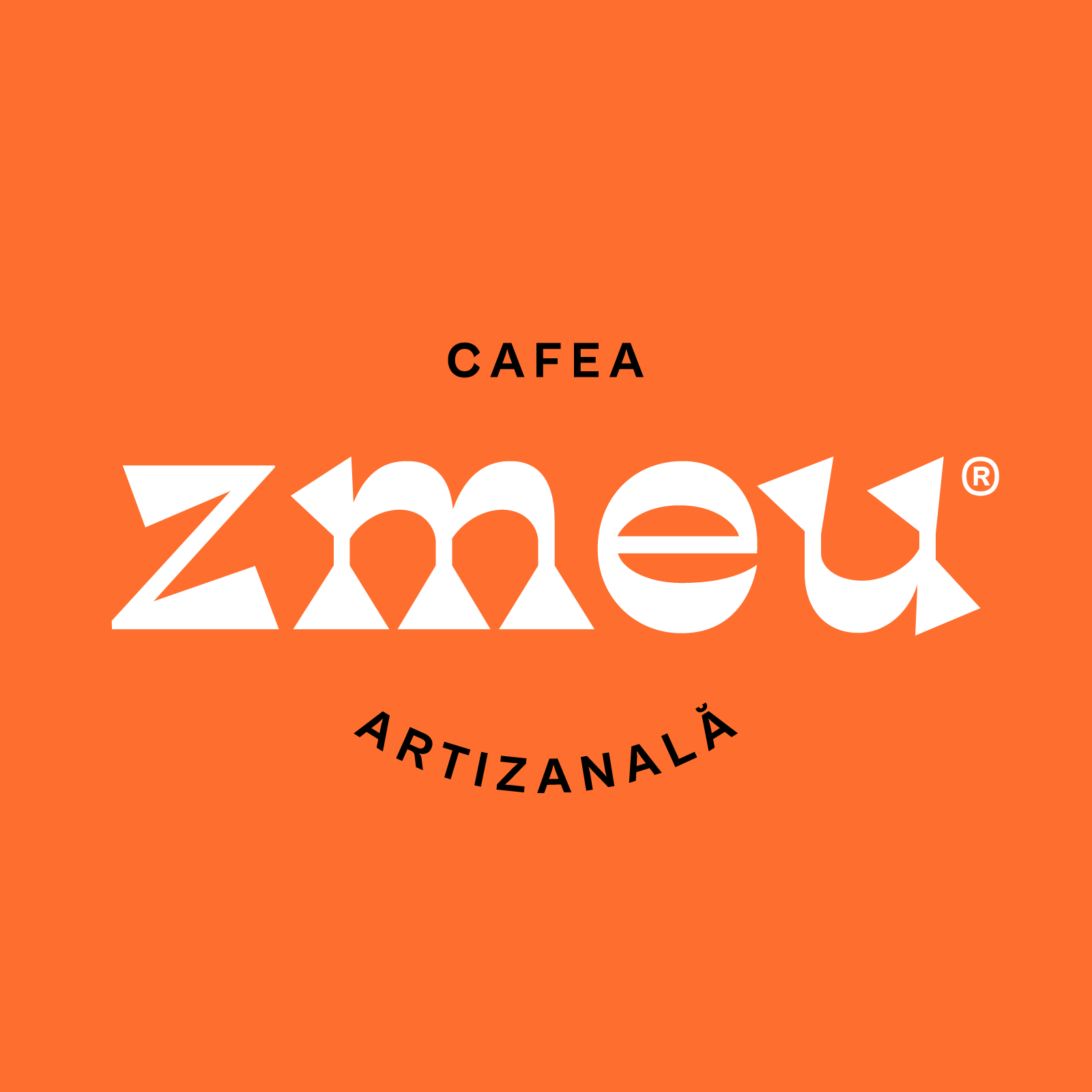 Zmeu cafea artizanala logo in white on orange background — logo by Brandient