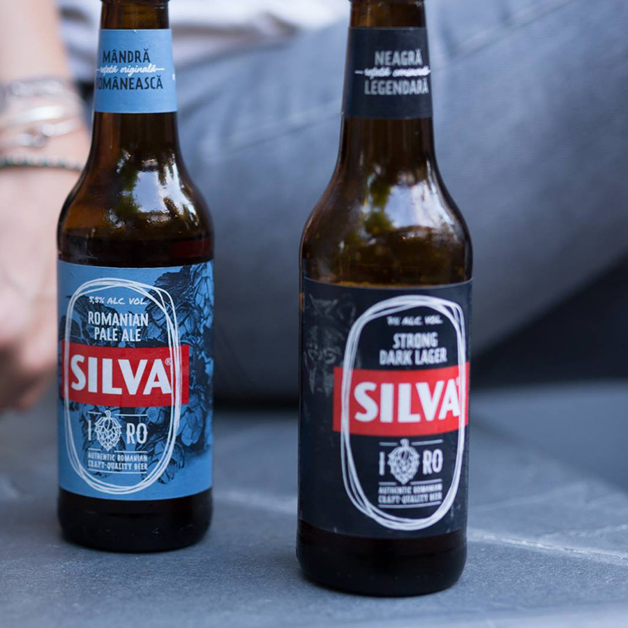 Silva bottle packaging — blue Romanian Pale Ale and Strong Dark Lager, rebranding by Brandient