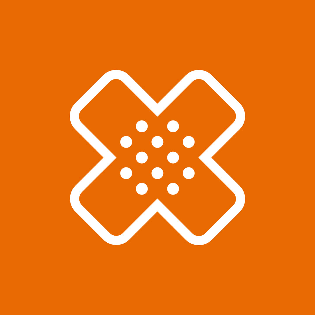 HelpNet symbol — white plaster-cross mark on orange, rebranding by Brandient