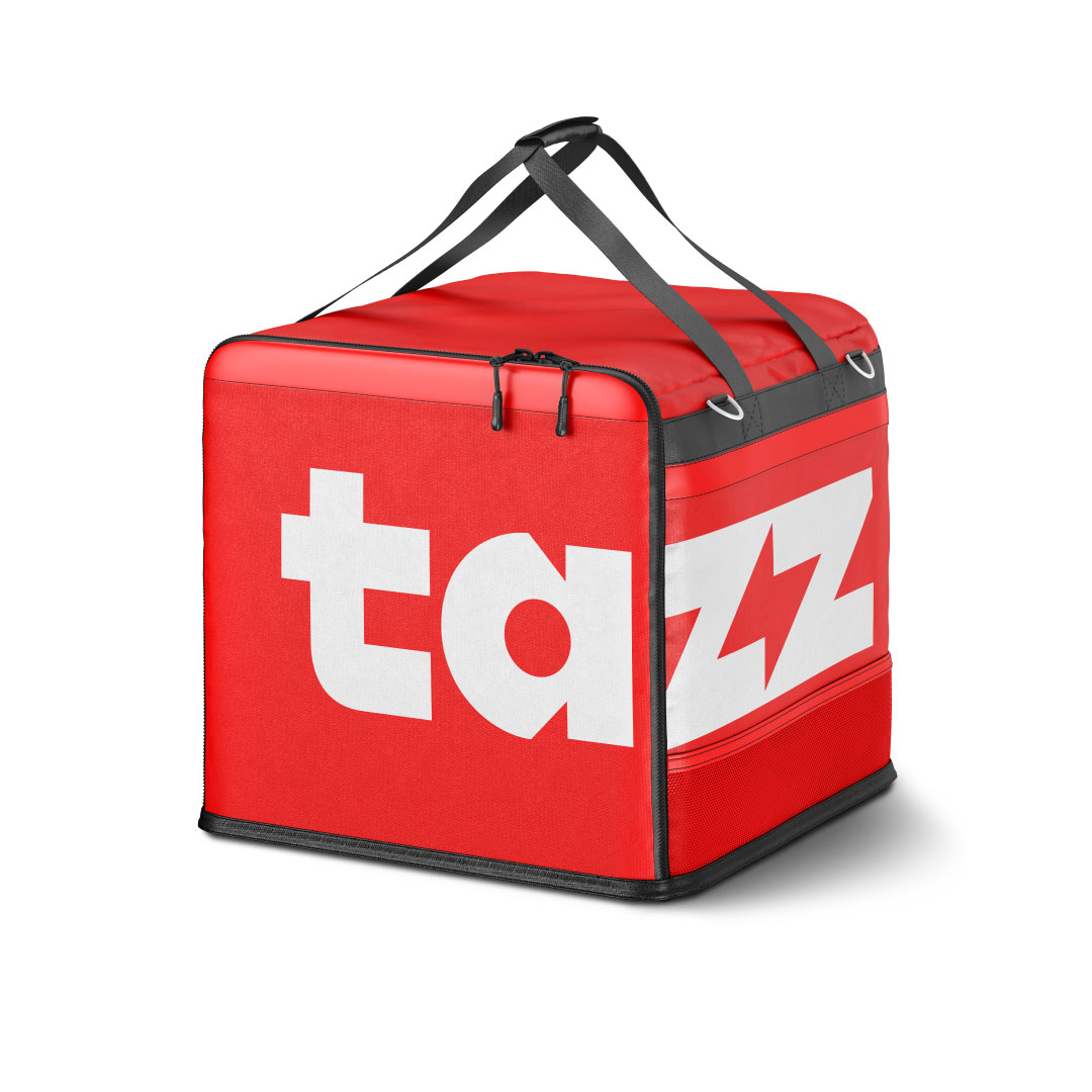Tazz delivery bag with red and white logo — new brand creation by Brandient