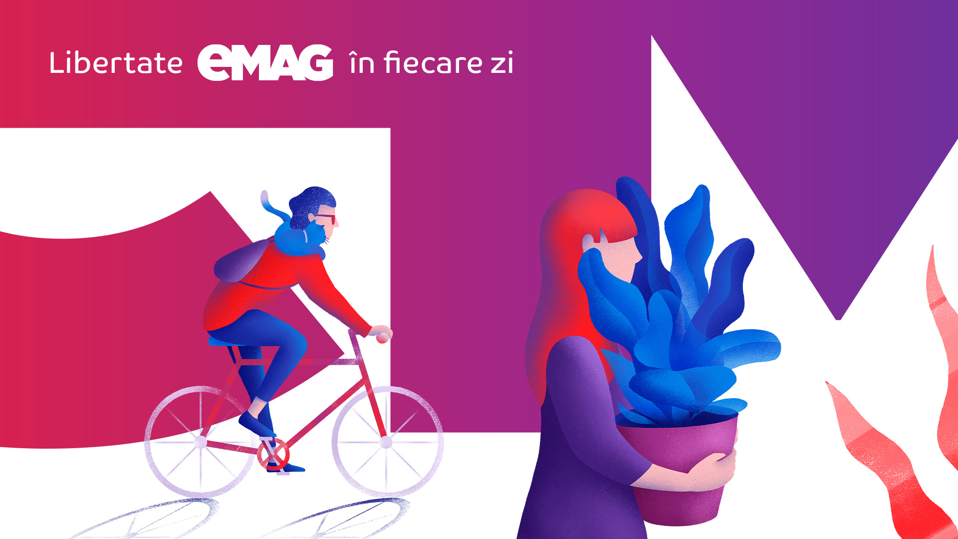 eMAG key visual — illustrated cyclist and woman carrying a plant with eMAG wordmark, brand reconstruction by Brandient