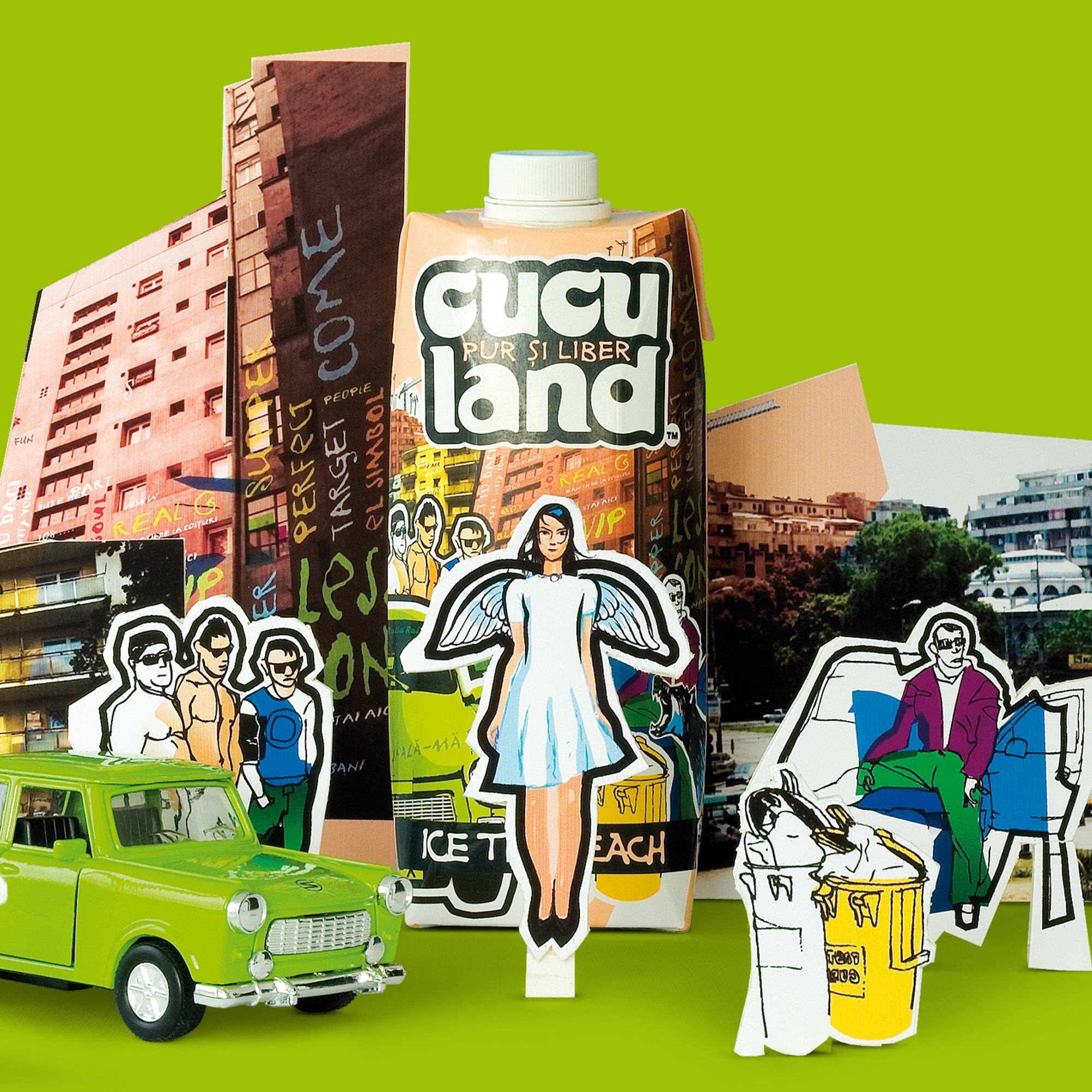 Cuculand product packaging with hand-cut collage figures and green car by Brandient
