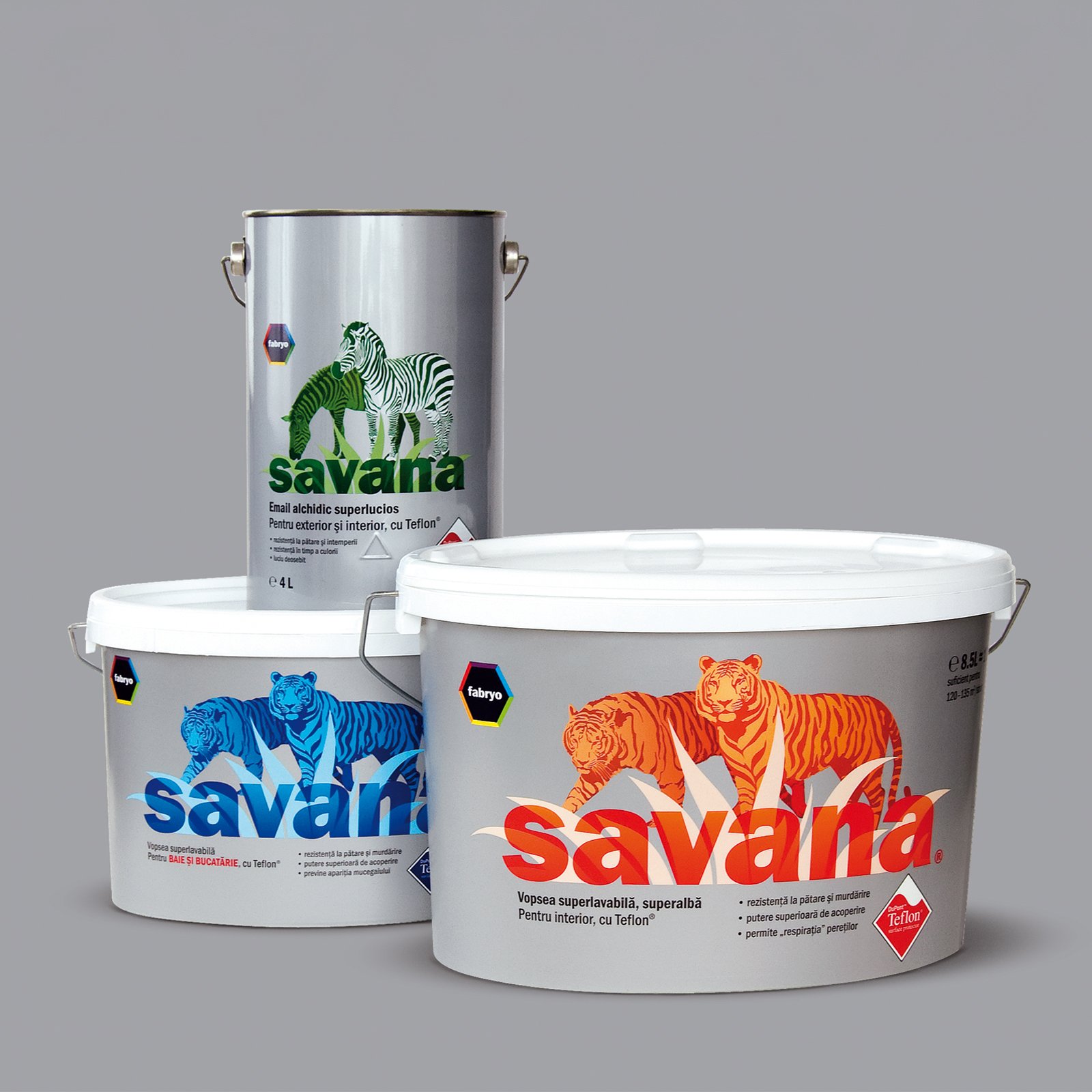 Savana paint cans and buckets with zebra and tiger artwork — packaging by Brandient