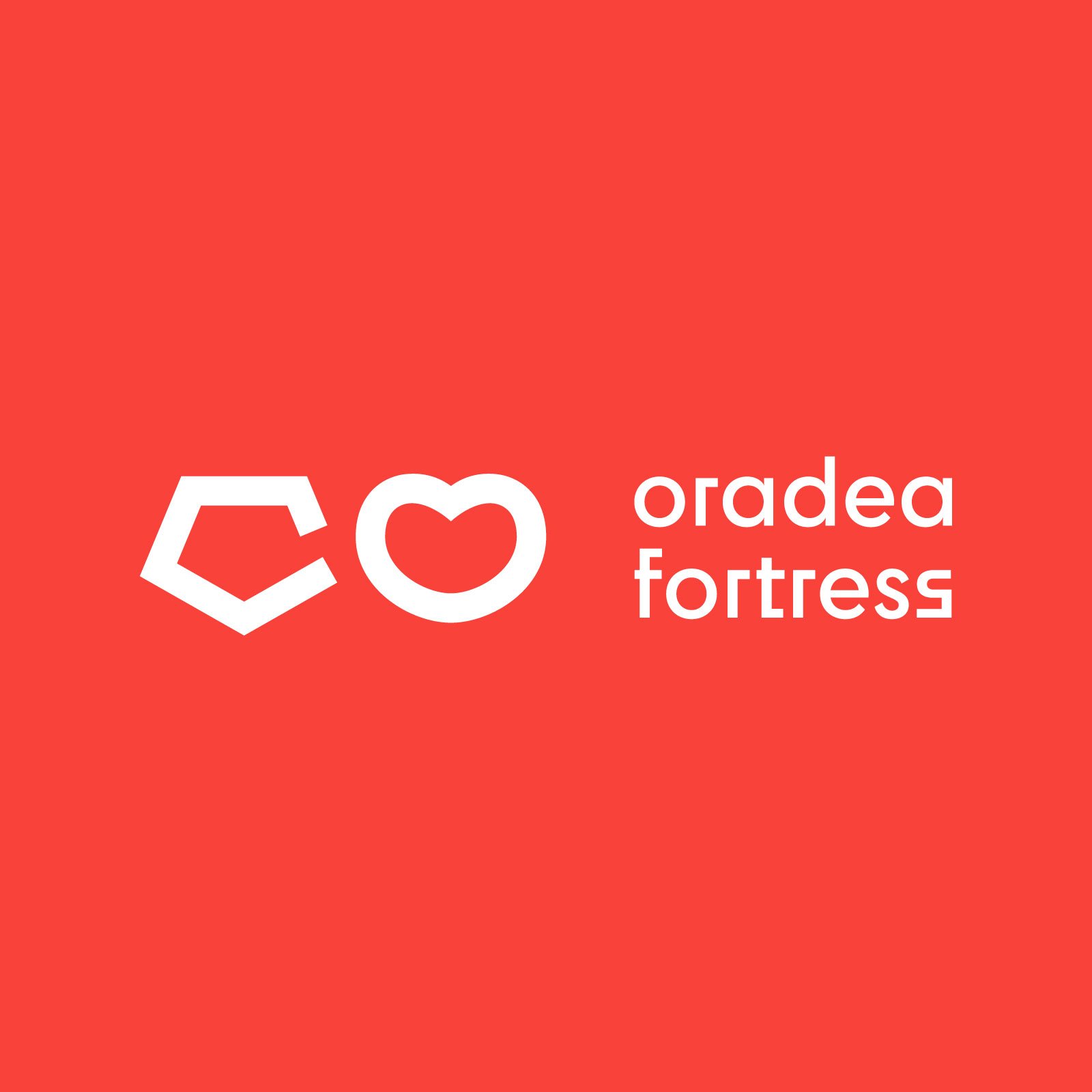 Oradea Fortress white logo with pentagon and heart mark on red — logo by Brandient