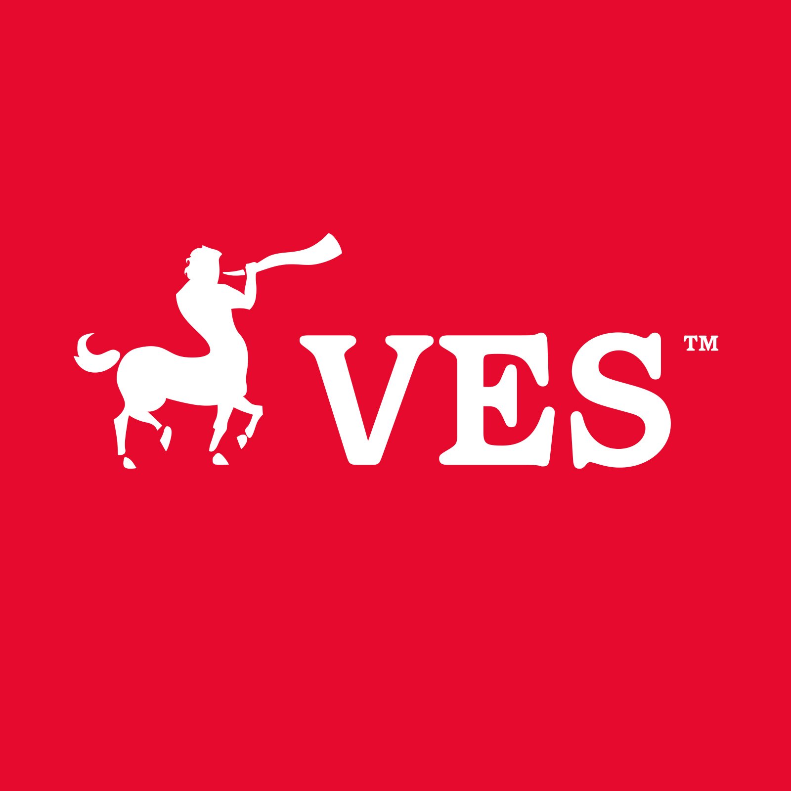 VES logo — white centaur blowing horn and wordmark on red by Brandient