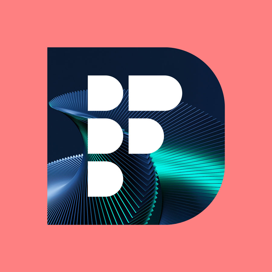 Fashion Days symbol — D-shaped mark framing white B over blue swirl, rebranding by Brandient