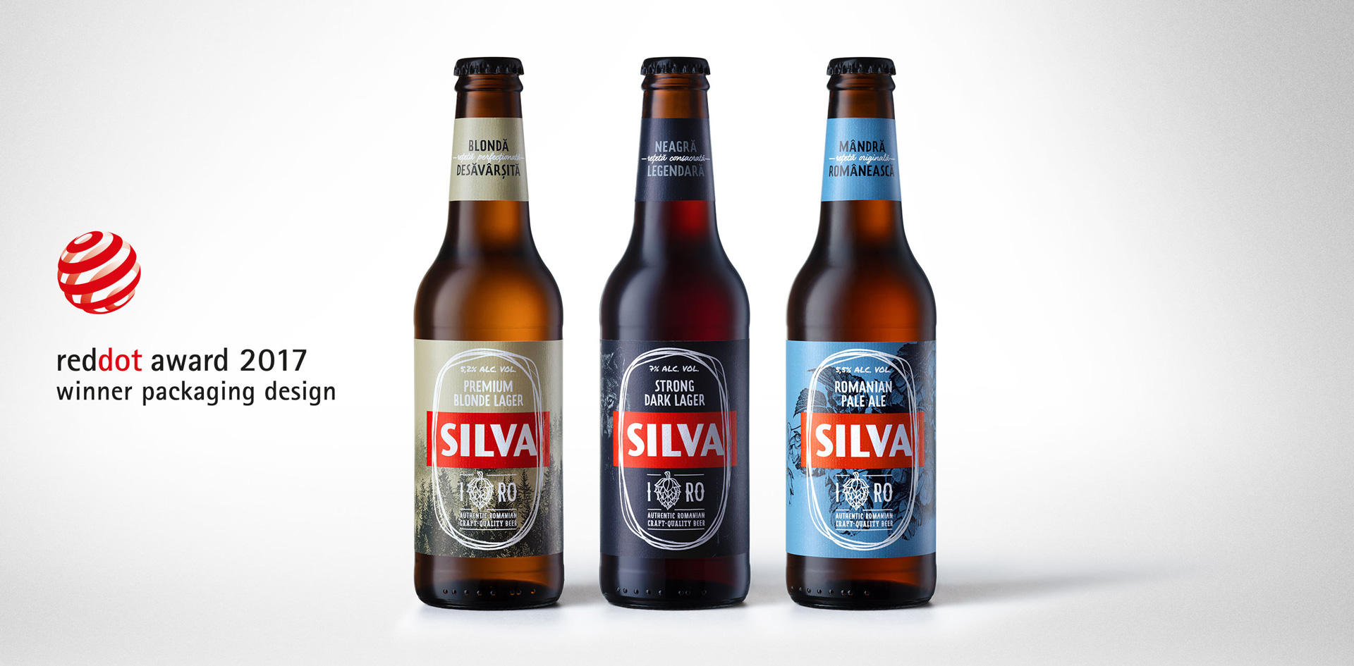 Silva product packaging range — rebranding by Brandient: three beer bottles, Red Dot 2017 packaging design winner