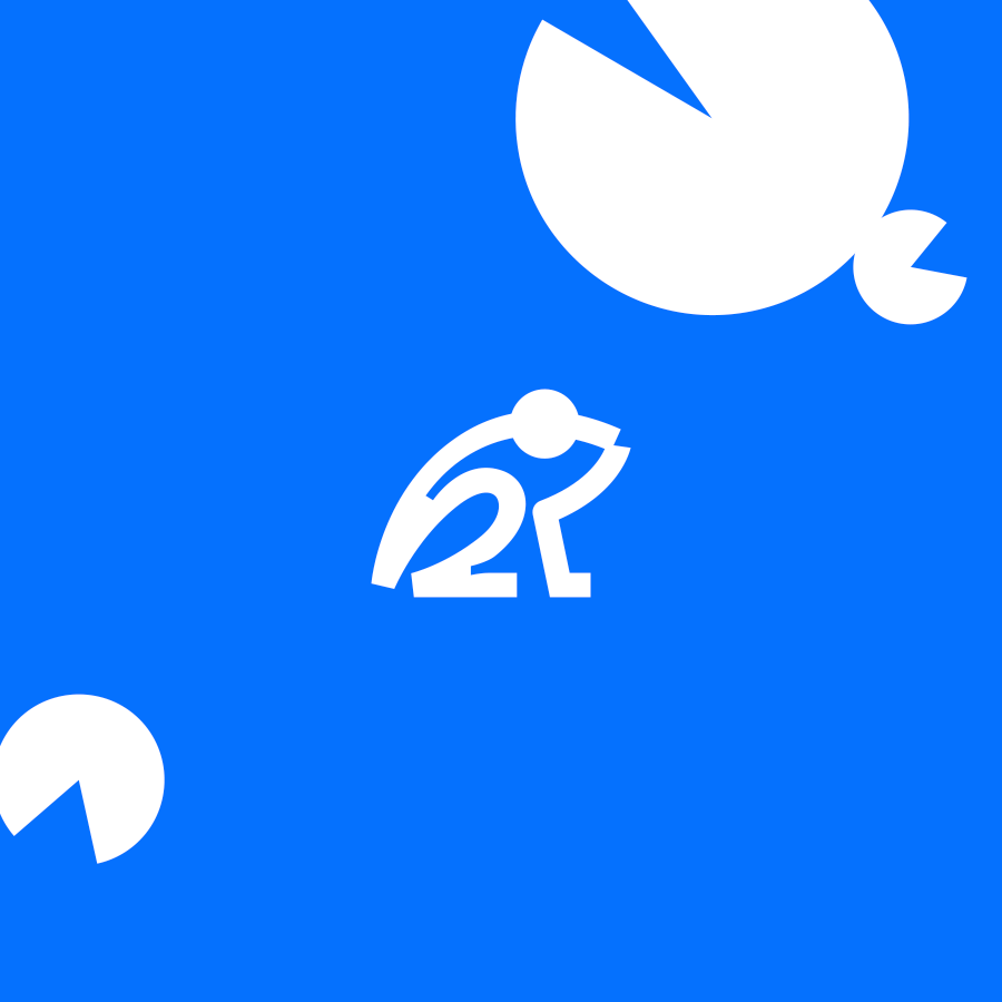HeyBlu symbol — white jumping mascot on blue with playful pie shapes, new brand creation by Brandient