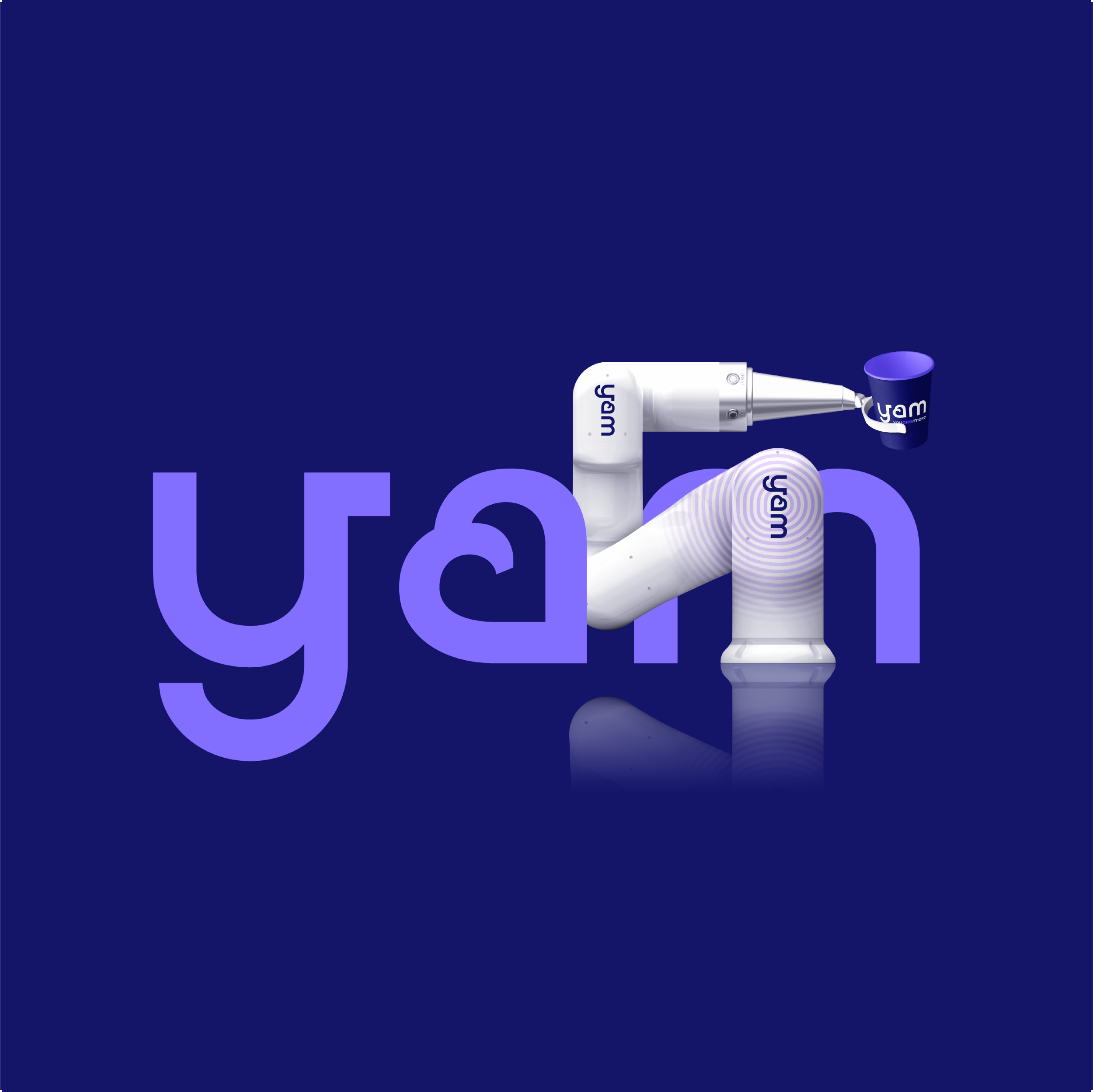 yam brand identity — purple wordmark with white robotic arm pouring into a yam cup by Brandient
