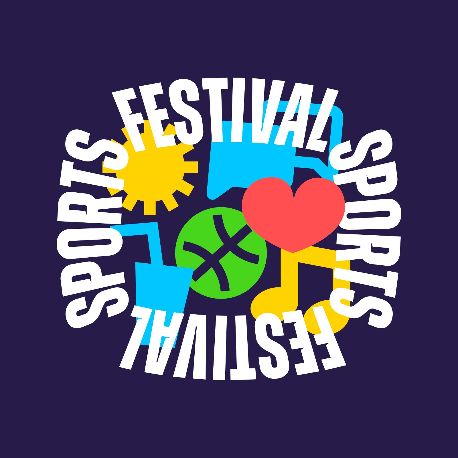 Sports Festival circular emblem with heart, ball and sun icons on dark blue — by Brandient
