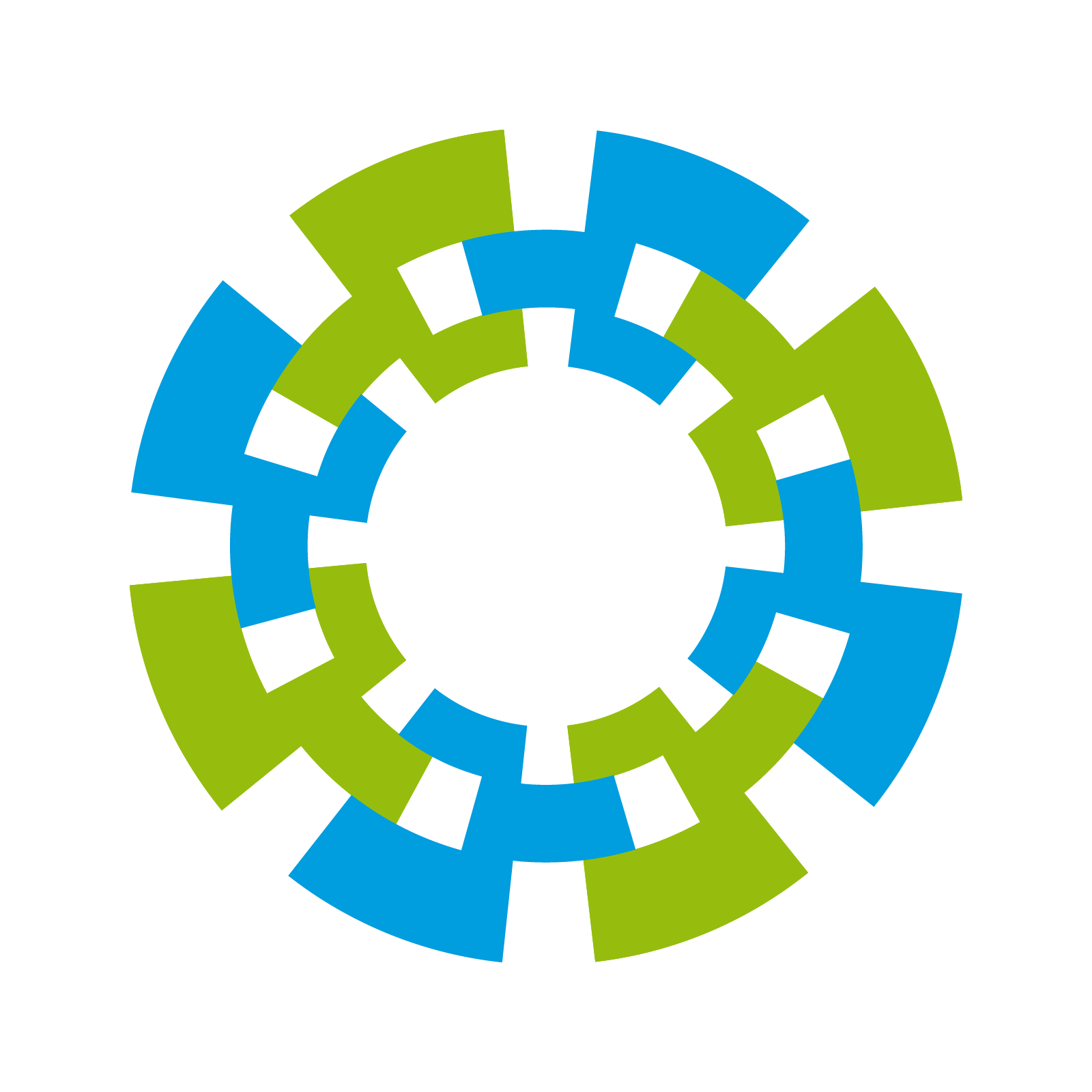 Pluriva logo symbol, green and blue segmented gear-like circle — logomark by Brandient