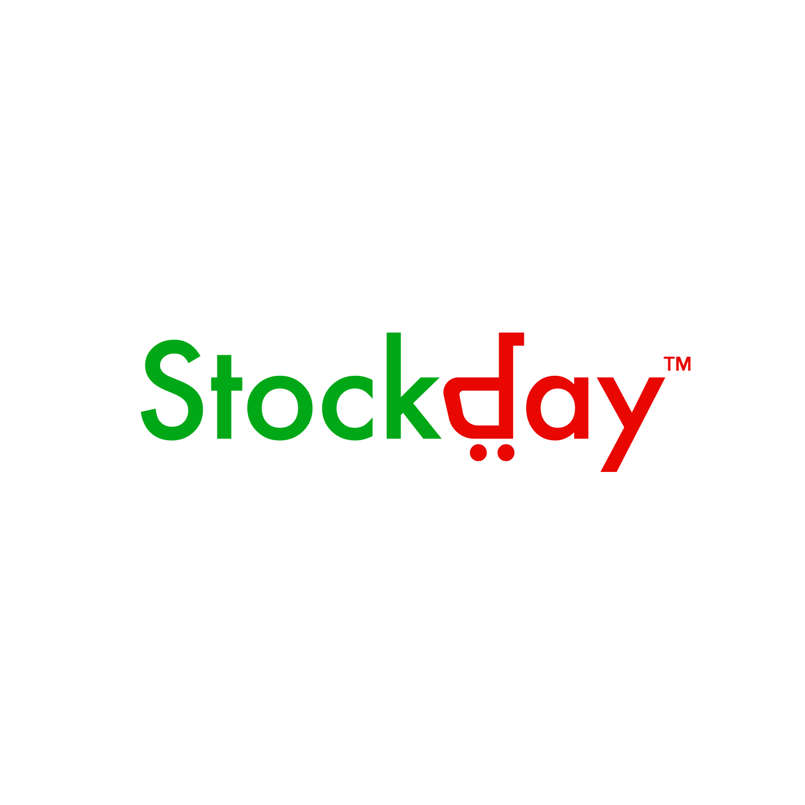 Stockday logo — green and red wordmark with shopping-cart formed letter by Brandient