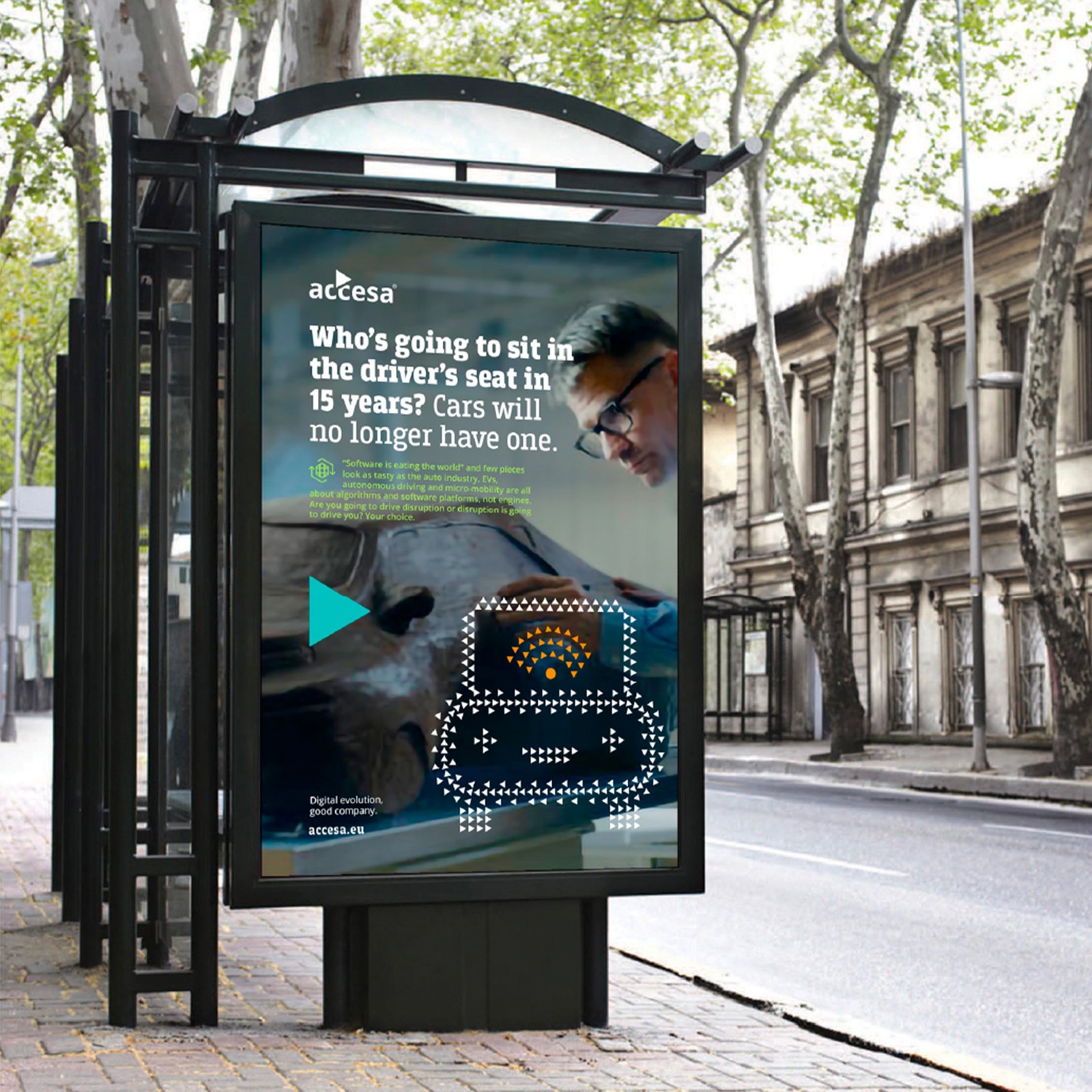 Accesa bus-shelter billboard about autonomous cars with dotted car icon — outdoor ad by Brandient
